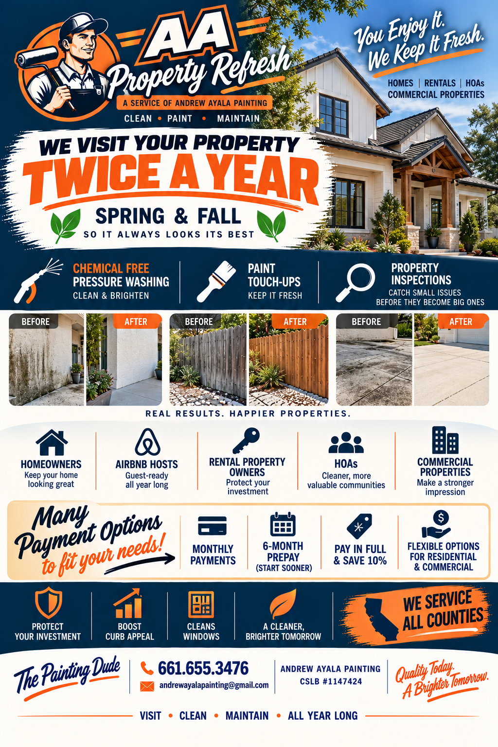 AA Property Refresh service flyer showing residential and commercial property care plans